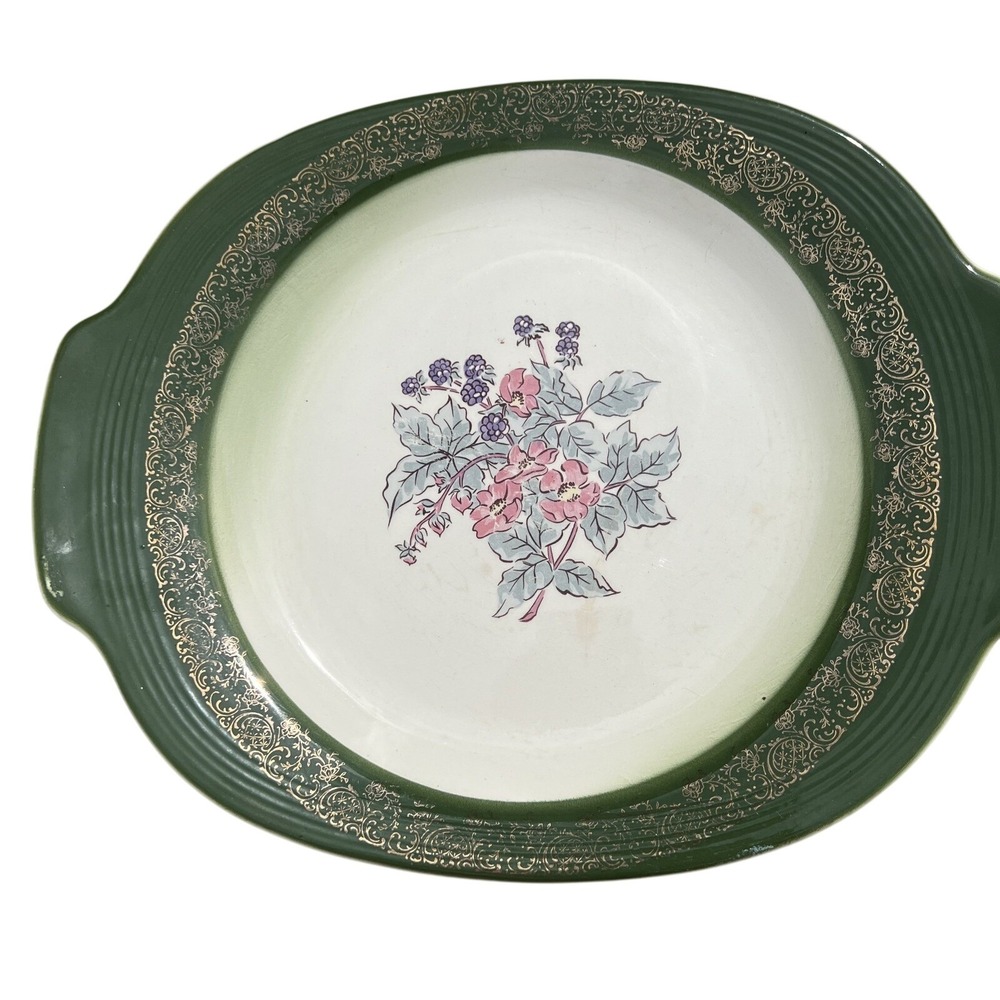 Vintage Green Gold Floral Oval Serving Platter Tray with Handles Berries Flowers